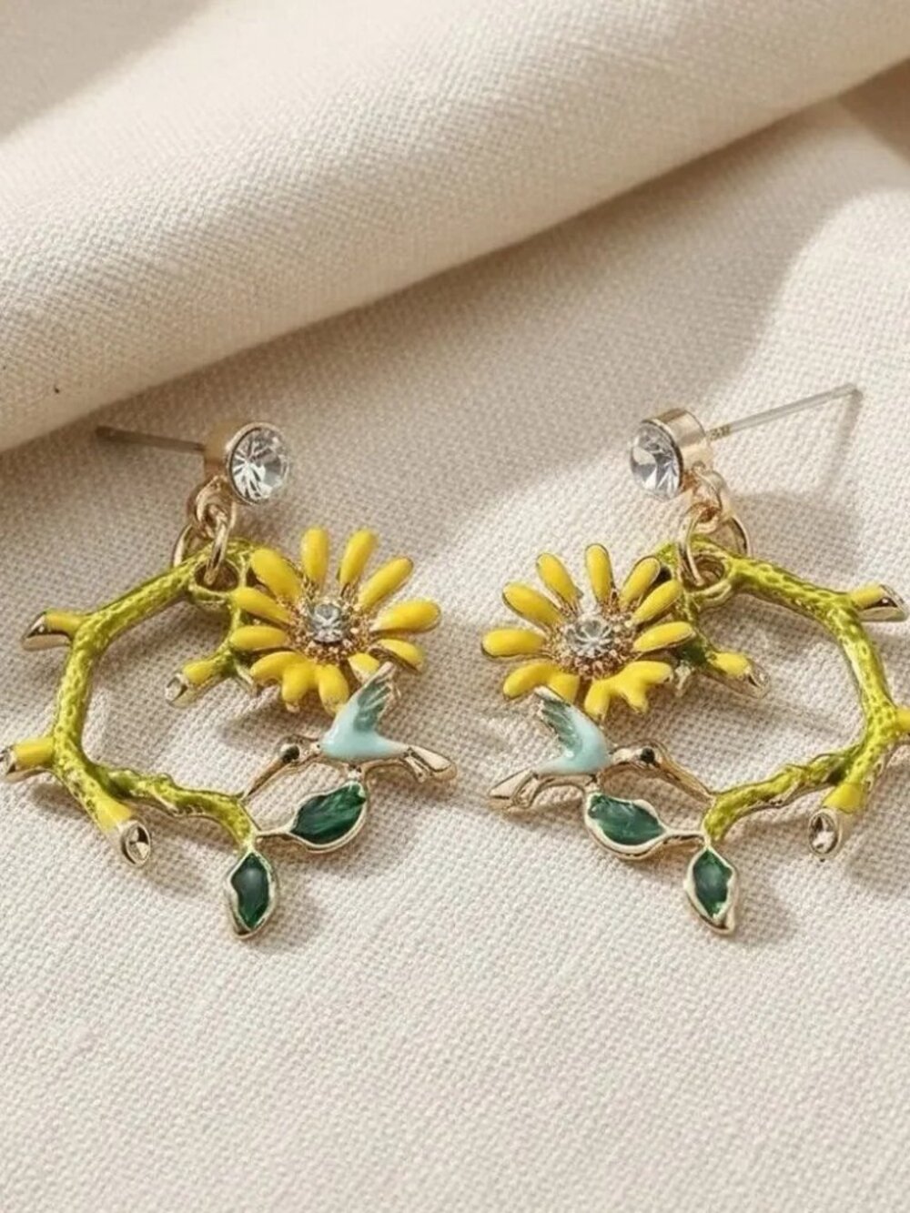 Flower Bird Hoop Earrings CZ Wreath Cottagecore Branch Leaf French Designer